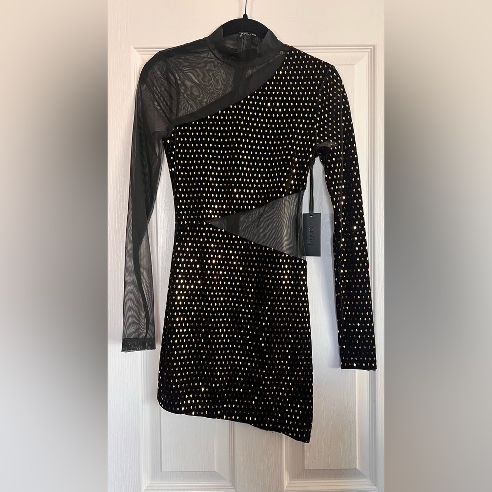 NWT H:ours Revolve Seeker Black Gold Mesh Panel Long Sleeve Dress XXS $198 - Picture 5 of 10
